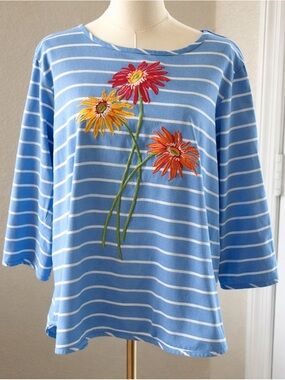 Vtg. Bob Mackie Wearable Art Blue White Striped Floral Embroidered Top Large